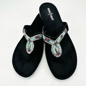 Minnetonka Beaded Turquoise Flip Flop Wedge Sandals Black